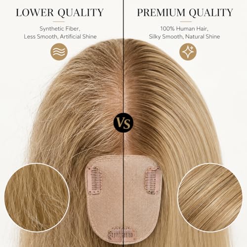 HAIRHOO 12 Inch Ombre Brown Blonde Highlights Hair Topper for Thinning Hair, Real Human Hair, 3.5x4.5 Inch Silk Base, Lightweight Daily Wear