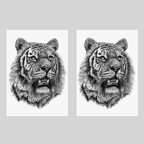 2 Sheets Realistic Animal Temporary Tattoos Stickers Sketch Lifelike Tiger Roar Designs For Men Waterproof Arm Leg Fake Body Art, Gym & Parties Bold Masculine Decals