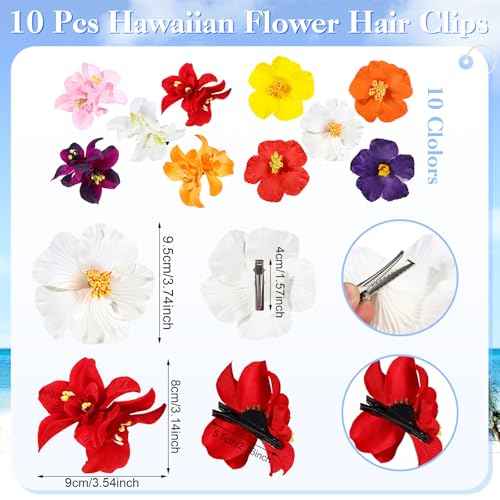 10 Pcs Hawaiian Flower Hair Clips for Women, Plumeria Hibiscus Hair Clips, Artificial Flower Clips 3.5 Inch Hair Accessories for Vacation Party Beach Seaside