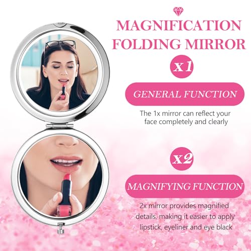 Maitys 16 Pcs Compact Mirror Bulk for Purses Small Cosmetic Folding 2.75 Inch Round Diamond Bling 1X/ 2X Magnifying Pocket Makeup Mirror for Women Wedding Gift, Pink Silver