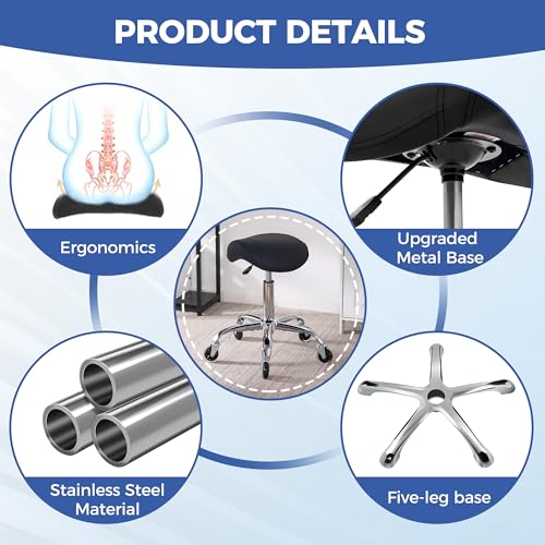 Ergonomic Saddle Stool with Wheels - Thick Wide Seat, Adjustable Height, Black