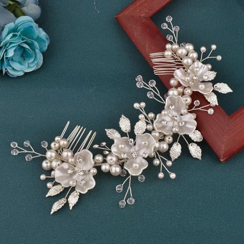 Bridal Hair Accessories, Pearl Adorned Wedding Hair Pieces for Brides, Flower Hair Combs for Bride
