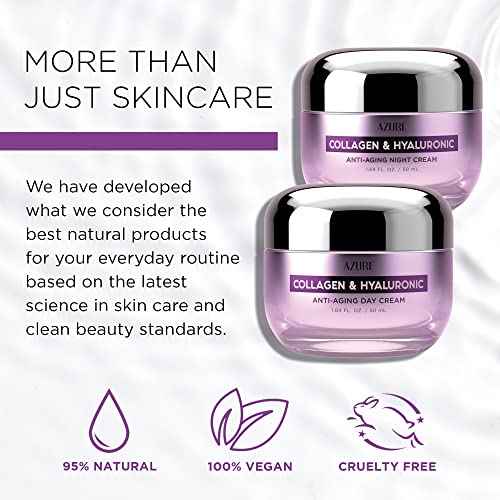 Azure Cosmetics Collagen & Hyaluronic Acid Face Moisturizer - Dermatologist Tested, Anti-Aging Cream for Fine Lines & Wrinkles - Ultra Hydrating Face Cream - Korean Skin Care - Day & Night Duo Set