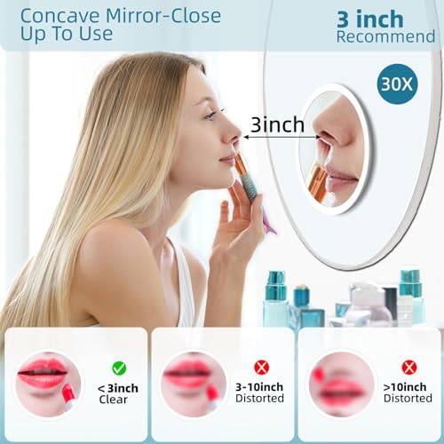 White 30X Magnifying Lighted Makeup Mirror with 3 Suction Cups - 6" Diameter