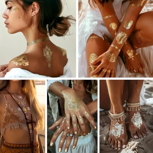 Glitter Freckles Gold Temporary Tattoos Set, Bachelorette Body Glitters & Face Stickers, 90+ Temp Tattoo for Adults Women Teens Girls, Fake Tattoos for Party Beach Festivals Cosplay Dates, 9 Sheets