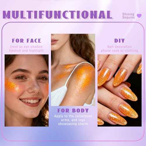 Roll-on Orange Body Glitter Gel for Face Hair, Holographic Chameleon Color Changing Face Paint Glitter Autumn Makeup, Chunky Mermaid Sequins Festival Party Rave Accessories Shimmer Makeup