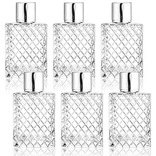 Lawei 6 Pack Refillable Spray Bottles Perfume Atomizer, 100ML 3.4oz Glass Empty Fine Mist Spray Bottle, Clear Portable Square Fragrance Dispenser Bottle with Sprayer for Travel, Silver