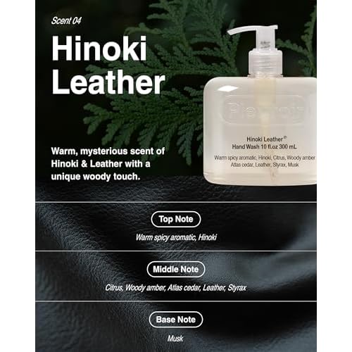 Pleuvoir Hand Wash Hinoki Leather - Hydrating Liquid Hand Soap - Mysterious Cypress Forest Leather Scent - Moisturizing with Hyaluronic Acid, Ceramides - Vegan, K-Beauty 10 fl.oz