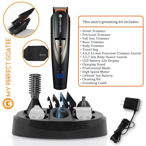 My Perfect Goatee¢ç? 13-in-1 Mens Grooming Kit - LED Display Beard Trimming Kit with Travel Bag, Charging Stand, & More - Waterproof, Cordless Electric Trimmer for Nose, Body, & More ? Ideal Gift Set