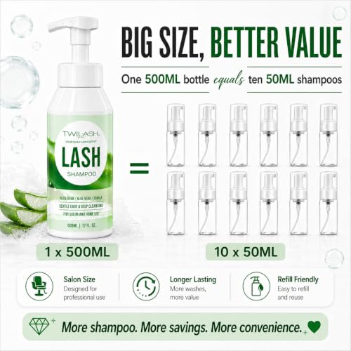 TWILASH Lash Shampoo 500ml - Gentle Foam Cleanser for Extensions