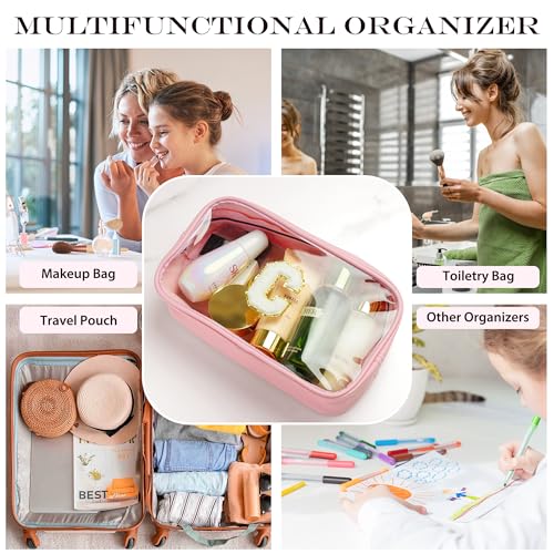 Initial Clear Makeup Bag for Women - Travel Toiletry Bag, Portable Waterproof Cosmetic Bag Travel Essentials Birthday Gifts for Women (Pink Letter R)