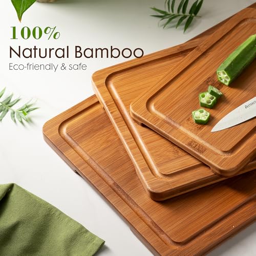 Astercook Bamboo Cutting Board Set with Storage Stand & Juice Grooves