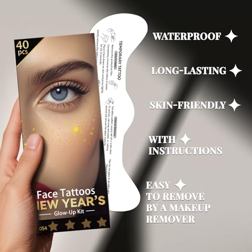 Cerlaza New Years Eve Party Supplies 2026, 40 Pcs Glitter Gold Freckles Face Temporary Tattoo, Happy New Year's Eve Decorations Nye Party Favors Accessories Gifts 2026 for Women