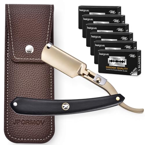 Professional Straight Razor for Men ? Classic Straight Edge Razor with Synthetic Black Wood Handle, 30 Swedish Standard Double Edge Blades & Leather Sheath for Precision Beard Shaping (Gold)