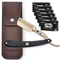 Professional Straight Razor for Men ? Classic Straight Edge Razor with Synthetic Black Wood Handle, 30 Swedish Standard Double Edge Blades & Leather Sheath for Precision Beard Shaping (Gold)