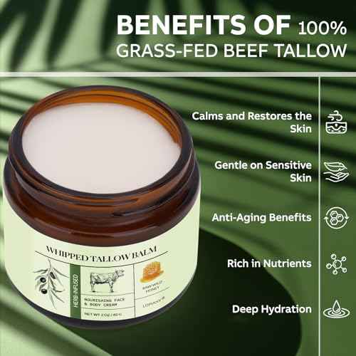 Beef Tallow for Skin, Beef Tallow and Honey Balm, All-Natural Face Body Moisturizer Nourishes and Hydrates the Skin, Grass Fed Whipped Balm Infused with Raw Wild Honey 2oz