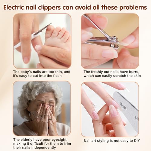 Upgraded Electric Nail Clippers for Seniors, Cordless Automatic Nail Trimmer with Adjustable Speed, Safe Electric Toenail Clippers for Fingernails and Toenails (3 Speeds - White)