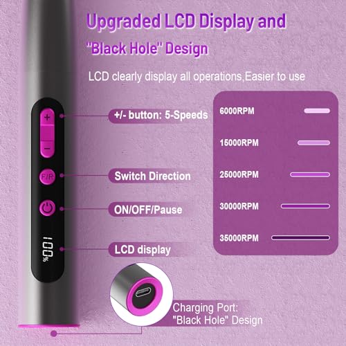 Professional Cordless Electric Nail Drill Kit 35000RPM with LCD Display for Manicure & Pedicure
