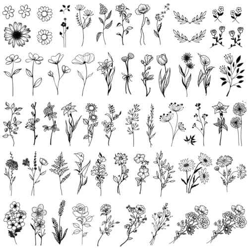 One Grace Mini Black Flower Temporary Tattoos - Realistic Long Lasting Waterproof Tiny Tattoos - Cute Floral Bouquet Wild Plants Small Tattoos for Women and Men