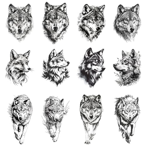 Wolf Temporary Tattoos 12pc – Black & White Sketch Armband