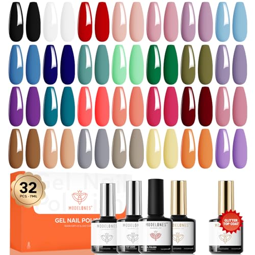 Modelones 32-Piece Glitter Gel Nail Polish Set - 28 Colors LED/UV Gel Kit