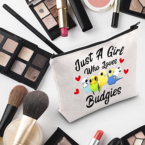 G2TUP Budgie Lover Gift Who Loves Budgies Makeup Bag Budgie Mom Cosmetic Bag Parakeet Pet Bird Lover Gift for Budgerigar Girls Women (Who Loves Budgies White Bag)