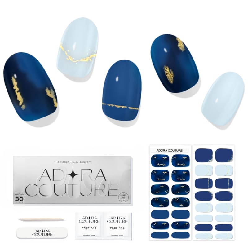 Adora Couture Semi Cured Gel Nail Strips Fall | 30pcs Blue Ocean with Gold Accent Stick-on Gel Nail Sticker | Holiday Nail Stickers with UV Light Required (M.Ocean)