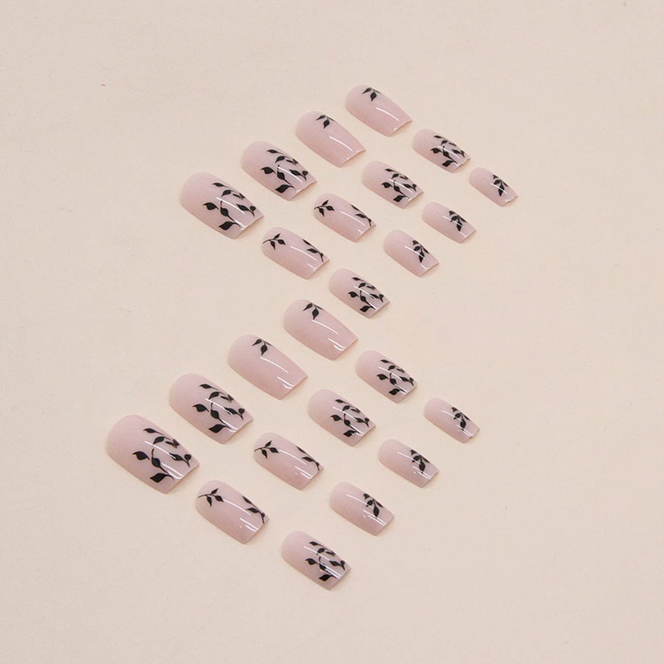 Fall Press on Nails Medium Square Black Fake Nails with Leaf Designs Acrylic Nails Pink Press on Nails for Women Spring Summer Glue on Nails 24 Pcs