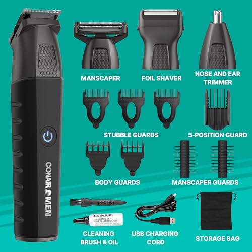 Conair Men All-in-One Trimmer for Men - Nose Hair, Beard, Mustache, Body Hair Trimmer - 16 Piece Men's Grooming Kit for Manscaping- Showerproof - Rechargeable