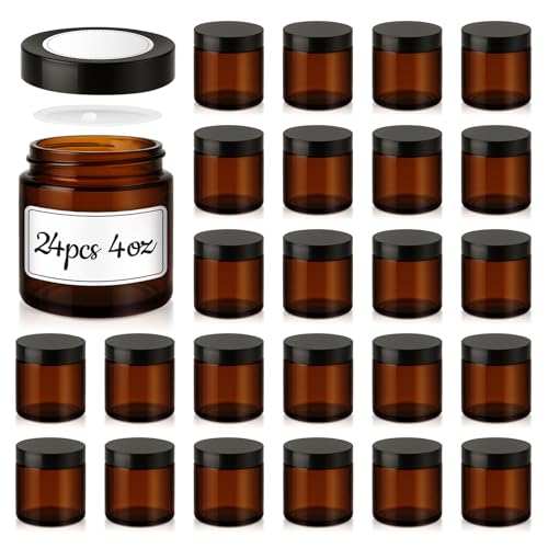 4 oz Glass Jars with Lids, 24 Pack Amber Small Glass Jars with Black Lids Leakproof Round Airtight Empty Cosmetic Travel Containers with Inner Liners For Lotions Powders and Candle Making