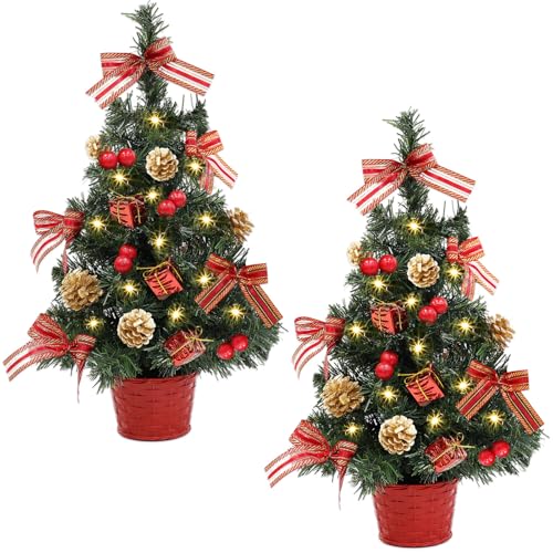 2PACK GRANDEAL 20 Inch Lighted Tabletop Mini Christmas Tree with Timer Artificial Small Christmas Tree with Lights Ornaments Bows Gifts Pinecones Basket Base Christmas Decorations Office Home Decor