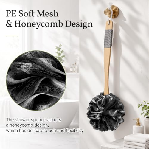 AmazerBath Black Long Wooden Handle Shower Loofah Body Scrubber with Mesh Sponge