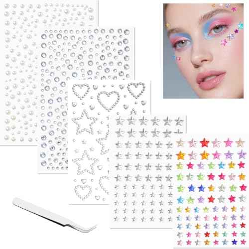 Star & Pearl Face Eye Gems, Self-Adhesive Hair Jewels, Sparkly Face Jewels for Makeup, Stick on Gems Pearl Rhinestones Stickers, Rave Accessories for Hair, Eye, Kids, Women