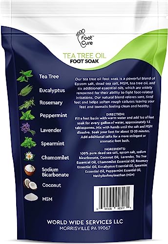 Tea Tree Oil & Muscle Relief Foot Soak with Epsom Salts - All Natural Salts for Post Workout Recovery - Softens Calluses, Soothes Sore & Tired Feet, Foot Odor Scent, Spa Pedicure Made in USA Pack of 2