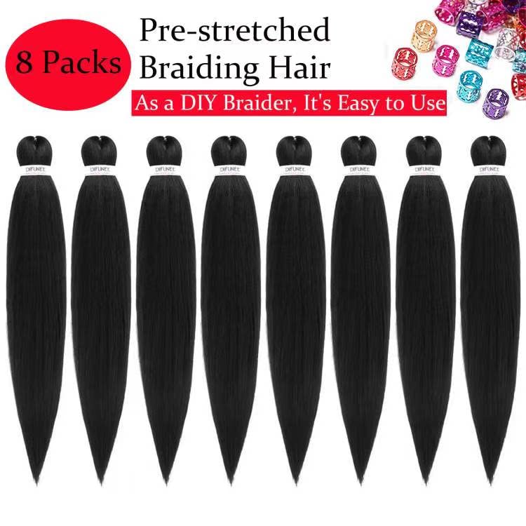 Difunee Pre stretched Braiding Hair 24 Inch 8 Packs Long Braiding Hair Pre Stretched Hair For Braiding Hot Water Setting Synthetic Braiding Hair For Twist（24 Inch, 1B-8P)