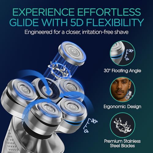 VOYOR Electric Razor for Men - 5D Floating Shavers for Men Magnetic Electric Shaver Rechargeable Face Shaver LED Display Wet Dry Shaving IPX6 Waterproof Mens Rotary Razor TX500 (Green)