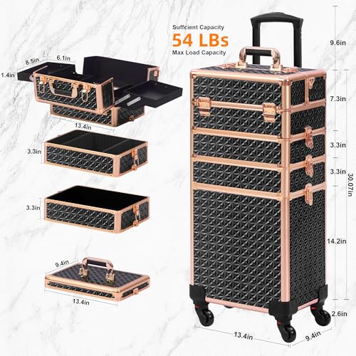 Somduy Rolling Makeup Case with 4 Detachable Compartments, Large