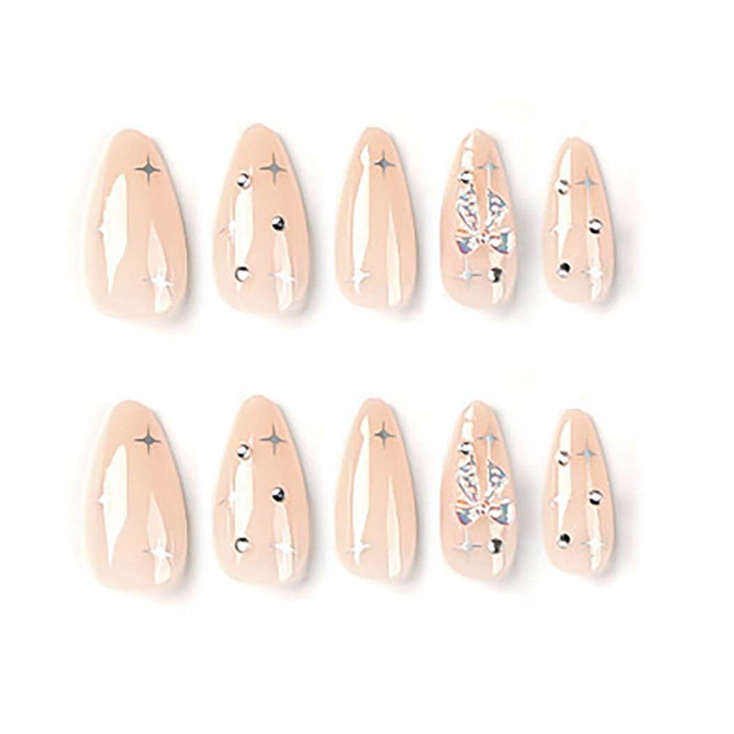 RikView Medium Press on Nails Almond Acrylic Nails Nude Nails with Rhinestones Glossy Full Cover Nails 24 PCs