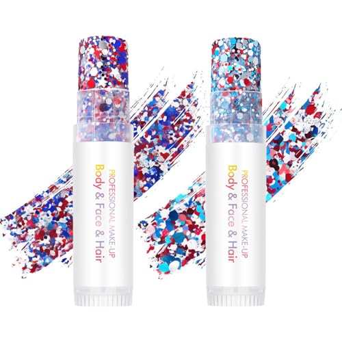 4th of July Red White Blue Body Glitter Stick (2PCS), Waterproof