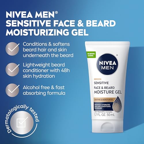 NIVEA MEN Sensitive Face and Beard Moisture Gel, Gentle Face and Beard Moisturizer for Men Instantly Hydrates Skin and Conditions Beards, 1.7 Fl Oz Tube, Pack of 3