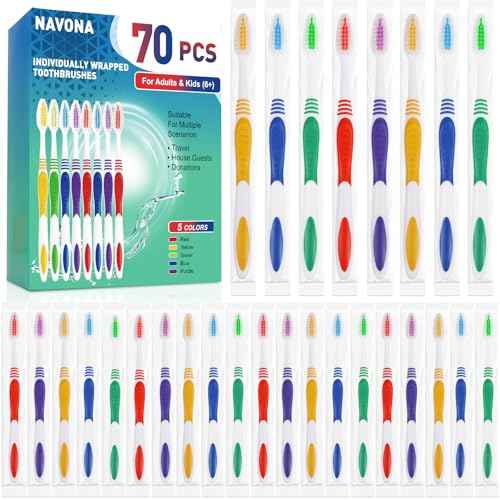 Navona 70 PCS Premium Individually Wrapped Bulk Toothbrush Pack, Disposable Toothbrushes, Kids Toothbrush, Medium Soft Bristle Toothbrushes, Ergonomics Handle, Perfect for Travel Hotel Donation