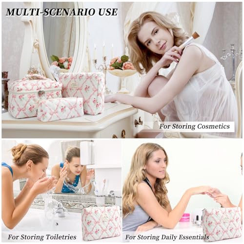 Large Quilted Makeup Bag Set for Women & Girls - Floral Cotton Cosmetic Organizer, Travel Toiletry Bags with Bows