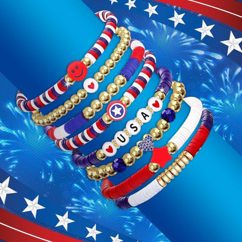 Go Ho Patriotic Beaded Stretch Bracelets - 8 Pack Set