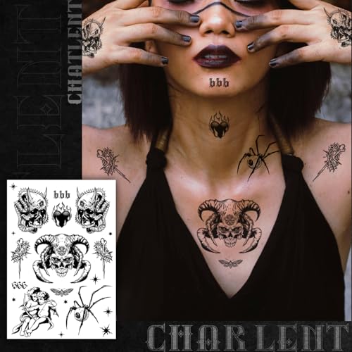 Gothic Temporary Tattoos for Men Women Adult - 9 Sheets Large Fake Tats for Men - Halloween Demon Skull Snake Scorpion Fake Tattoos for Arm Chest Sleeve
