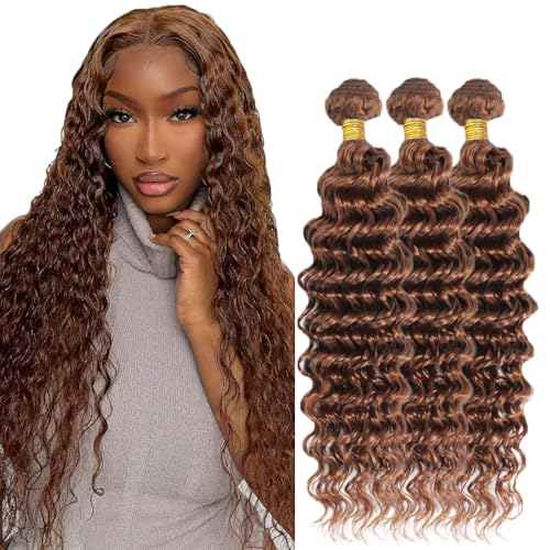 #30 Light Brown Deep Wave Human Hair Bundles - 30, 32, 34 Inch
