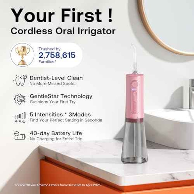 Bitvae Water Dental Flosser Teeth Picks, Cordless Portable Oral Irrigator, Powerful and Rechargeable Oral Irrigator, Brace Care, IPX7 Waterproof Water Dental Picks for Cleaning, Quartz Pink