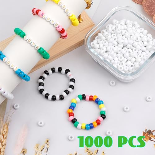 Auvoau 1000Pcs Pony Beads Bracelet 9mm White Plastic Barrel Pony Beads for Necklace,Hair Beads for Braids for Girls,Key Chain,Jewelry Making (White)