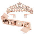 Rose Gold Birthday Crown & Queen Sash Set - Rhinestone Tiara for Women