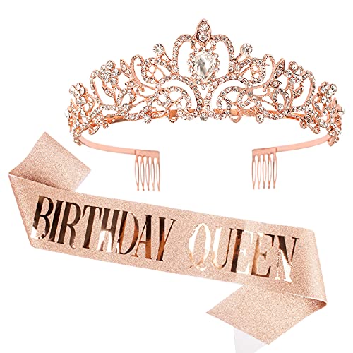 Rose Gold Birthday Crown & Queen Sash Set - Rhinestone Tiara for Women