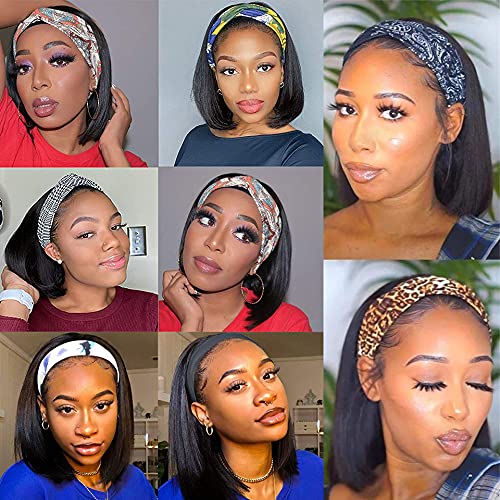 Headband Wig Human Hair Wigs for Black Women Straight Bob Human Hair Headband Wigs None Lace Wig Glueless Short Bob Wigs 100% Brazilian Virgin Hair Wear and Go Wigs Natural Color 10 Inch